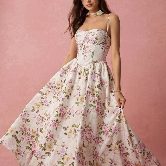 White Boho Women's Romantic Vacation Floral Print Spaghetti Strap A-Line Long Dr - Picture 3 of 7